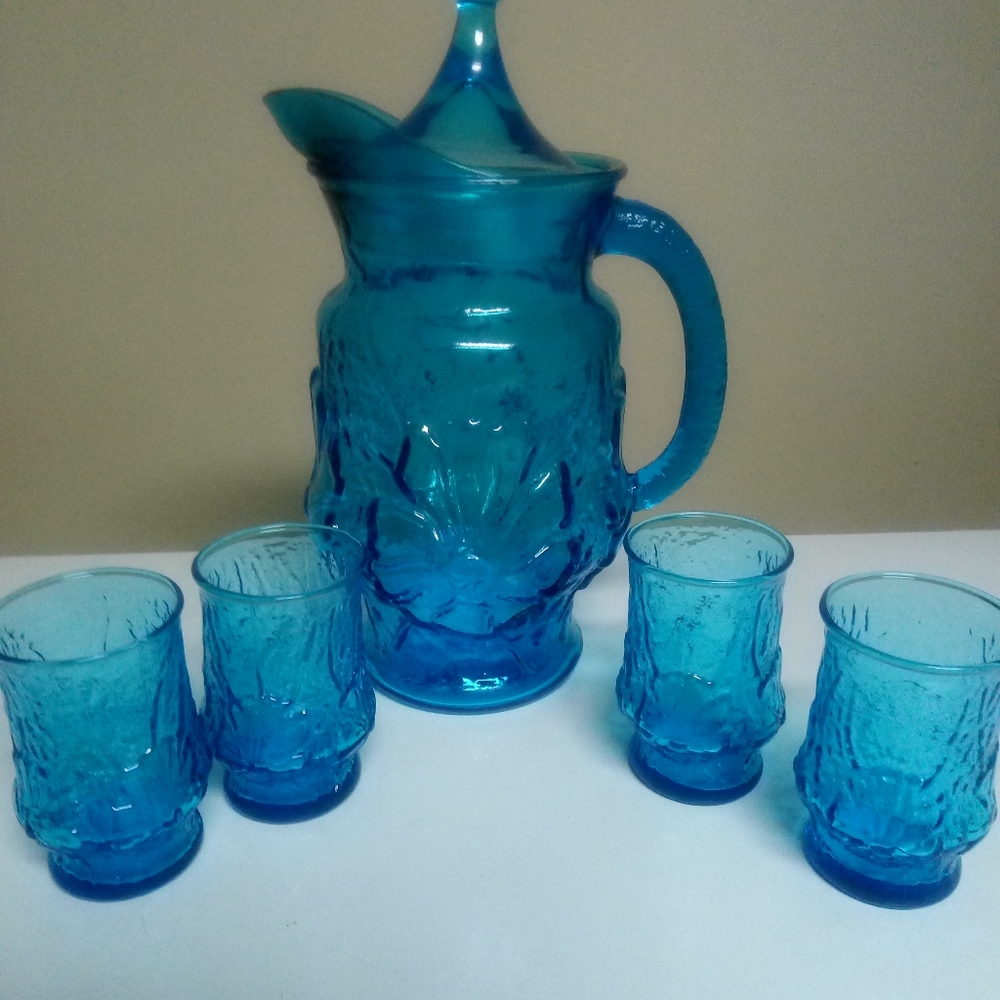 Beautiful antique aqua blue pitcher and glass set